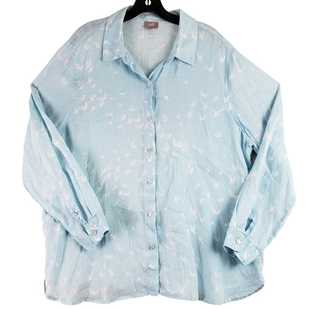 J. Jill Linen Button Down Shirt Womens XL Blue Bird Print Coastal Casual
